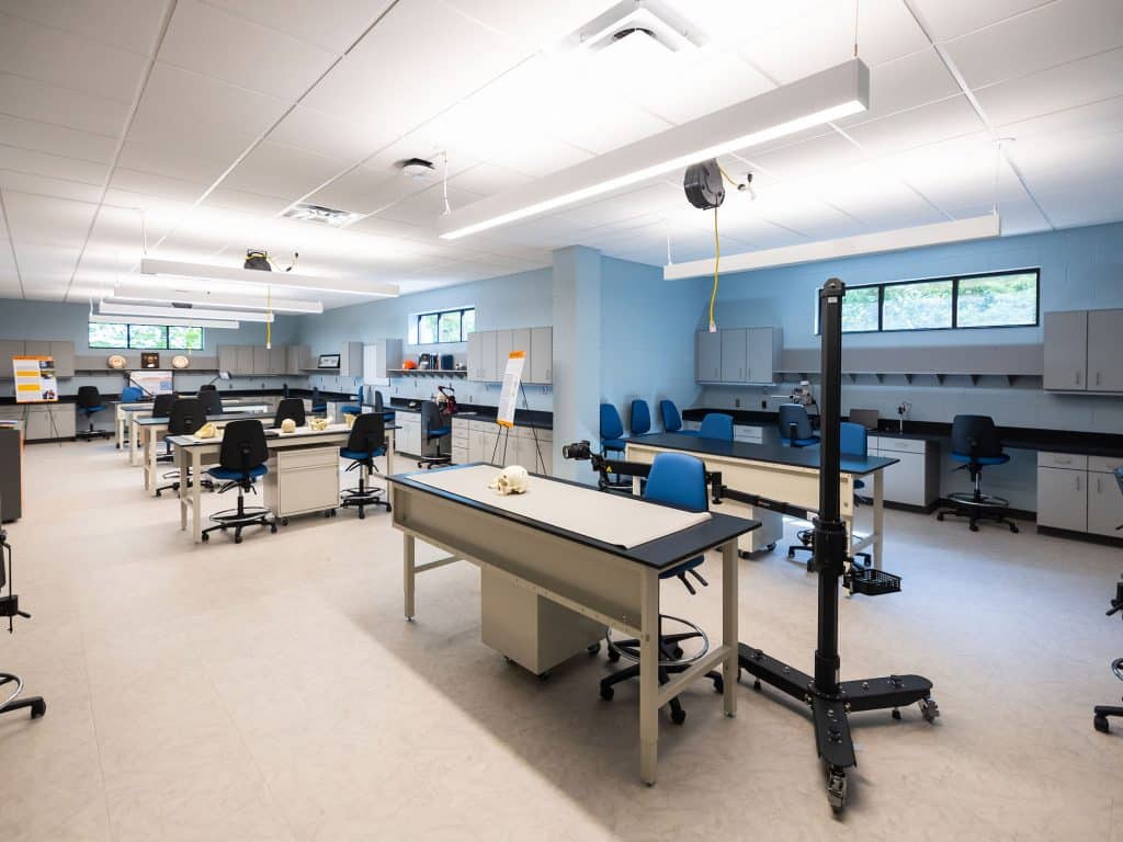 Building interior of the newly dedicated Forensic Anthropology Lab at the William M. Bass Forensic Anthropology Building. Chairs, tables, and equipment pictured.